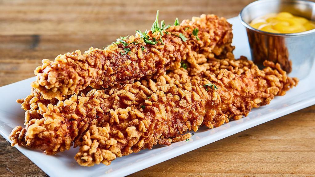 Crispy Rice Chicken Sticks · Chicken tender fried with crispy rice puffs with parsley on the top /
Honey Mustard On the side