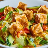 Truffle Oil Crispy Tofu Salad · Lettuce, arugula, tomato, cucumber, red pepper, parmesan w/ Truffle Oil dressing (Soy sauce ...