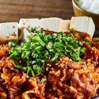 Jeyook Bokum (Serve 1-2) · Spicy Pan-Fried Pork, Kimchi, Onion, Scallion, Red Pepper with Tofu and sliced lemon / Comes...