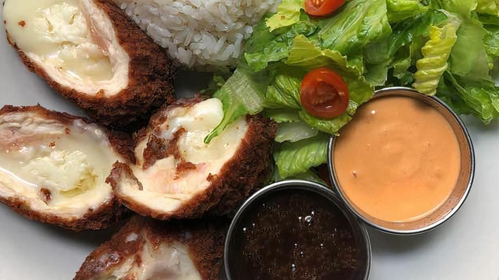 Mozzarella Chicken Katsu · Mozzarella Chicken Strip Kastu with Kastu sauce and Spicy Mayo on the Side / Steamed Rice Together // Salad : Romain, Tomato mixed with Lemon Dressing. Parmesan Cheese on top