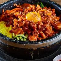 Bibimbap - Spicy Chicken · Pan Fried Spicy Chicken on top / Steamed Rice served with Cooked vegetables (Carrot, Spinach...