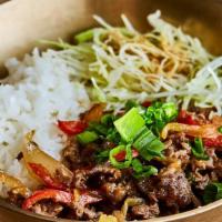 Rice Bowl - Bulgogi (Beef) · Pan Fried Bulgogi and Vegetable (Red Pepper, Scallion, Onion) / Rice and Cabbage together