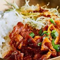 Rice Bowl - Spicy Pork · Pan Fried Spicy Pork and Vegetable (Red Pepper, Scallion, Onion) / Rice and Cabbage together