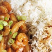 Terriyaki Shrimp Rice Bowl · Pan Fried Teriyaki Shrimp and Vegetable (Red Pepper, Scallion, Onion) / Rice and Cabbage tog...