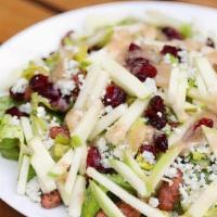 Personal Apple Salad · Romaine, apples, candied pecans, Gorgonzola, dried cranberries, apple cider dressing.