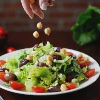 Personal House Salad · Romaine, cherry tomatoes, chickpeas, celery, Kalamata olives, house dressing.