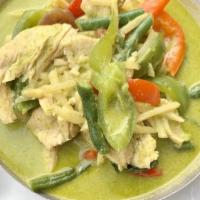 Green Curry · With coconut milk, bamboo shoots, bell pepper, string bean, Thai eggplant and Chinese eggpla...