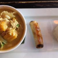 Massaman Curry (Yellow Curry) · With coconut milk, avocado, butternut squash, onion, peanut and a hint of tamarind sauce wit...