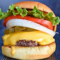 Cheeseburger · American cheese, lettuce, tomato, pickles and onions.