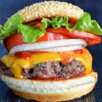 Sriracha Burger · Black Angus burger with sriracha aioli, Cheddar cheese, lettuce, red onion, tomato on a seed...
