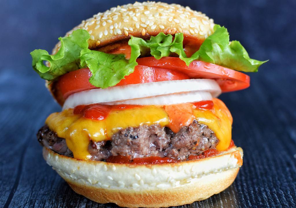 Sriracha Burger · Black Angus burger with sriracha aioli, Cheddar cheese, lettuce, red onion, tomato on a seeded bun.