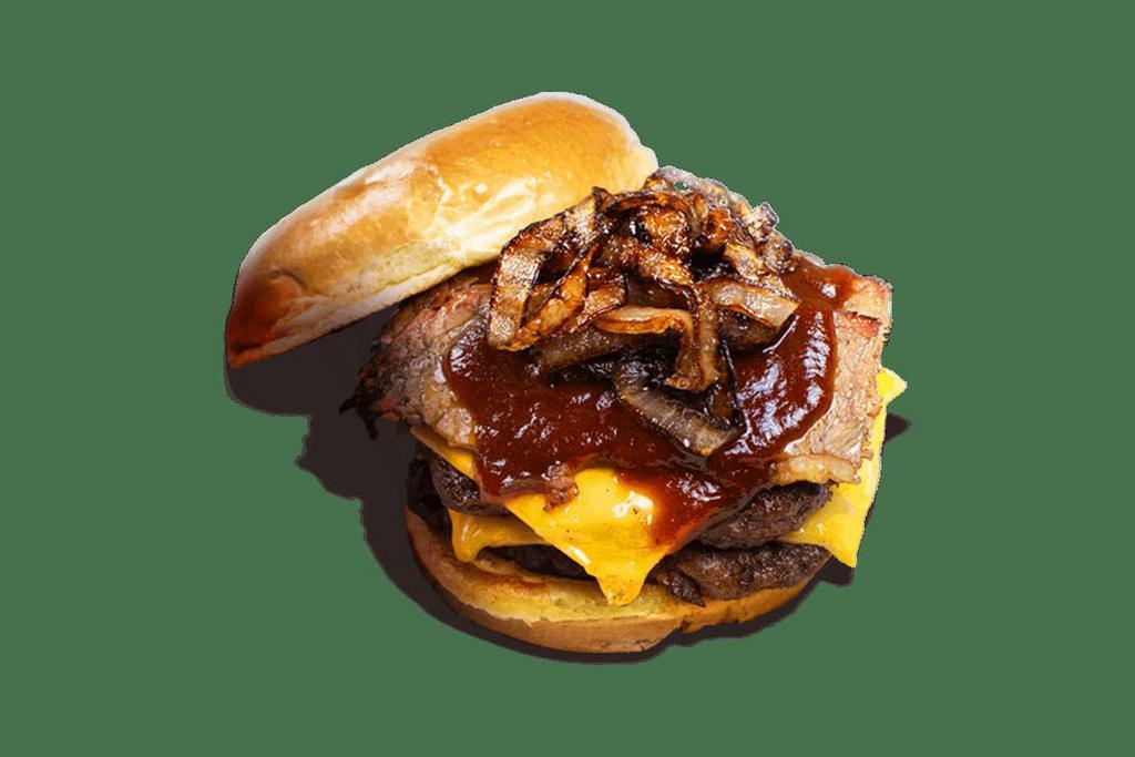 Cowboy Burger · Double-Stacked Burger, Sliced Texas Beef Brisket, Flash Fried Onions, Cheddar Cheese, BBQ Sauce. *Burgers are cooked Medium Well