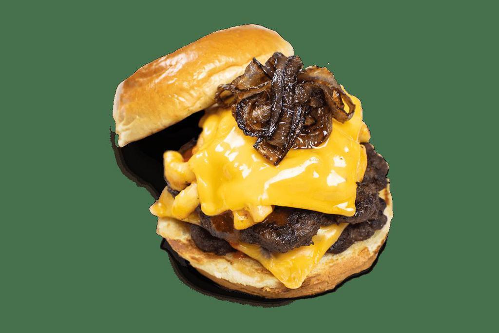 Kickin' Mac Attack Burger · Double-Stacked Burger, Kickin' Mac & Cheese, Cheddar Cheese, Flash Fried Onions. *Burgers are cooked Medium Well