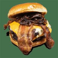 Black & Bleu Burger · Double-Stacked Burger, Cajun Seasoning, Melted Bleu Cheese, Cheddar Cheese, Bacon, Flash Fri...