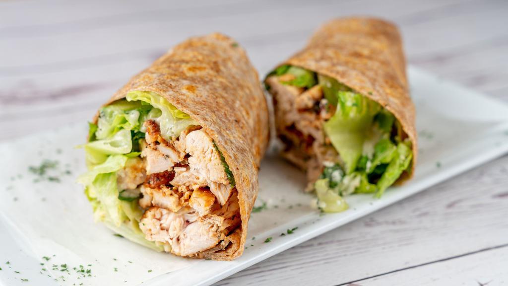 Grilled Chicken Caeser Wrap · Grilled chicken, romaine lettuce, parmesan cheese, and caesar dressing.