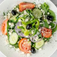 Mediterranean Salad · Tomatoes, cucumbers, red onions, green bell peppers olives, and feta cheese extra virgin oli...