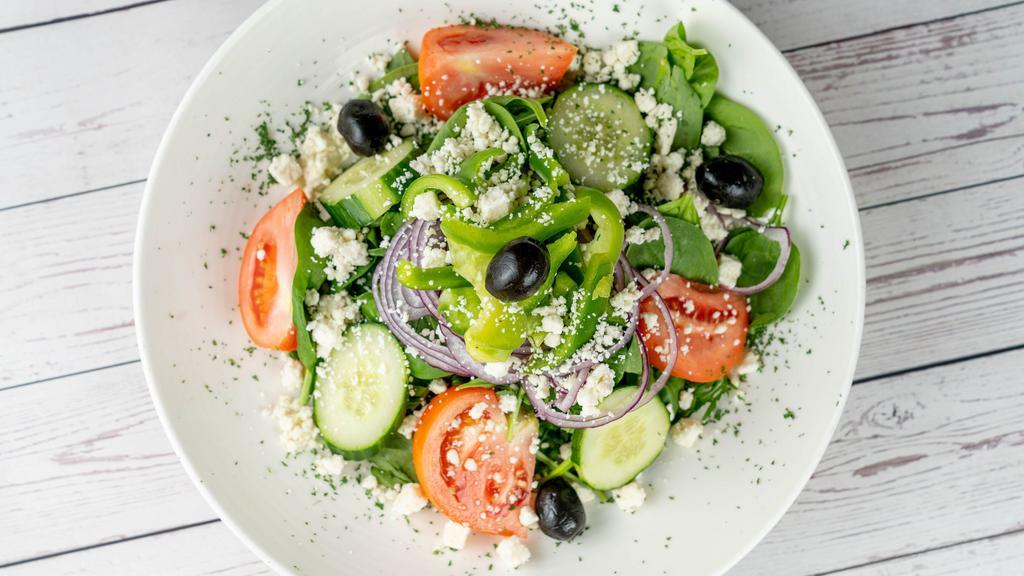 Mediterranean Salad · Tomatoes, cucumbers, red onions, green bell peppers olives, and feta cheese extra virgin olive oil/vinegar.