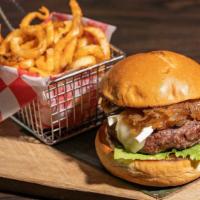 Parisian Burger  · House blend of short rib & chuck, caramelized onions, brie, lettuce, dijonnaise served on a ...