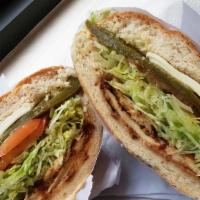 Chicken Torta (Mexican Sandwich) · Portuguese bread roll layered with mayonnaise, refried pinto beans, lettuce, tomato, cheese,...