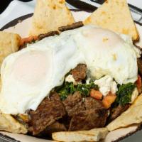 Greek Bowl · Home fries, gyro meat, spinach, feta cheese, diced tomato, oregano, & 2 eggs over easy. Serv...