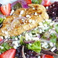 Mesclun With Strawberries & Grilled Chicken · Gluten free. Roasted red onions, feta with honey balsamic vinaigrette.