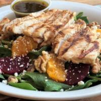 Baby Spinach With Goat Cheese & Grilled Chicken · Gluten free. Beets, oranges, walnuts with  balsamic garlic & oregano vinaigrette