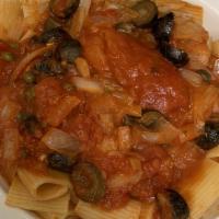 Rigatoni Taormina · Eggplant, Peas, and Onions in a Marinara Sauce