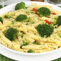 Broccoli Garlic Olive Oil Penne · Penne style pasta beaded with cooked broccoli and garlic olive oil. Served with Italian brea...