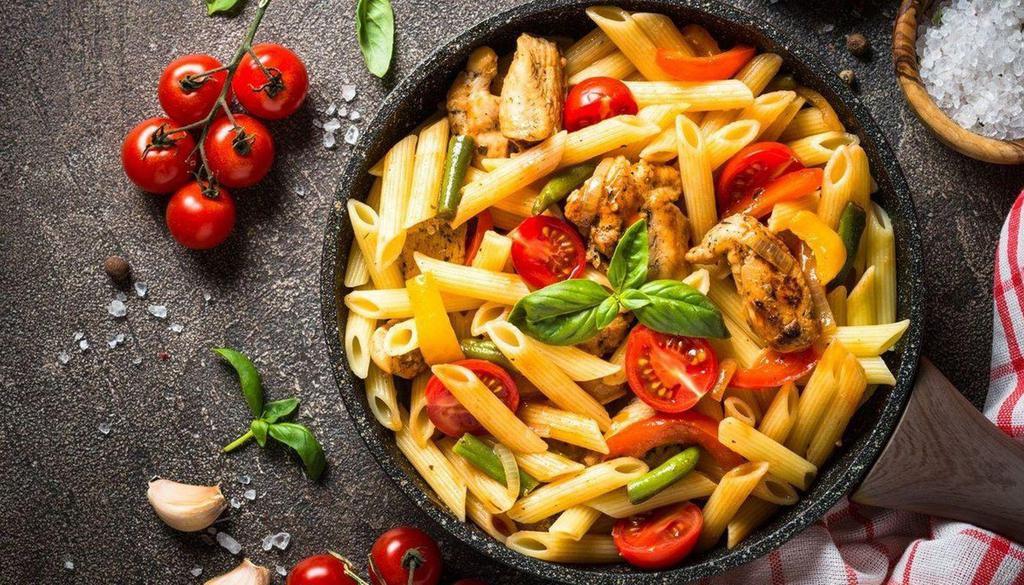 Penne (Veggie) Penne · Penne style pasta beaded with fresh mixed veggies and sauce. Served with Italian bread and butter.