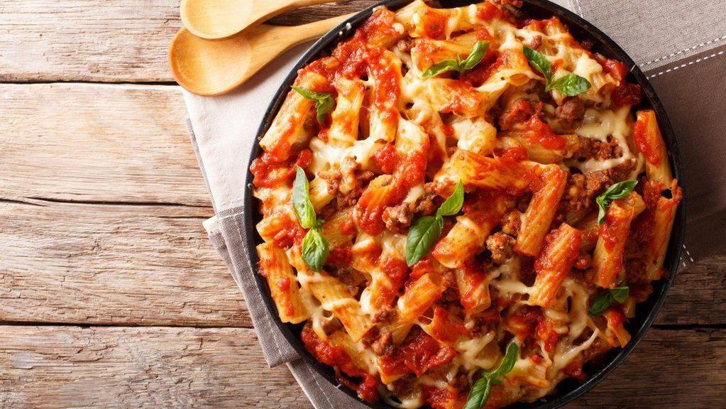 Baked Ziti · Classic baked ziti is a popular casserole made with fresh ziti pasta and chef's tomato based sauce. Served with Italian bread and butter.