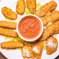 Court Street Sampler · Chicken fingers, fried ravioli, jalapeño poppers, & mozzarella sticks.