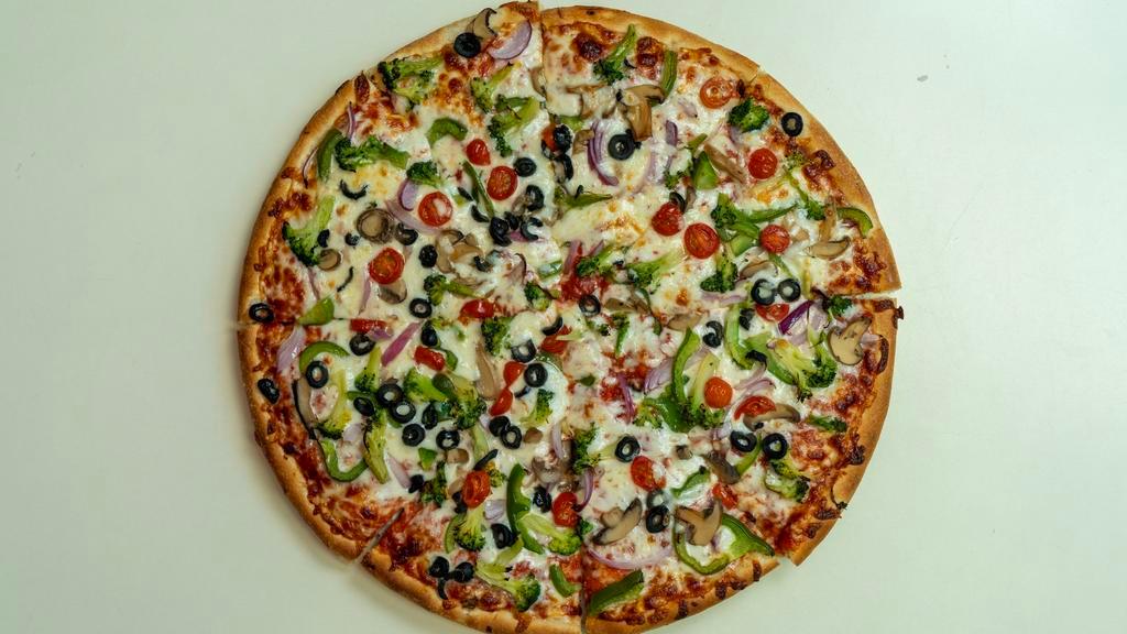 Veggie Pizza · Onion, peppers, mushrooms, black olives, broccoli.