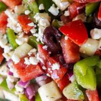 Greek Salad · Romaine lettuce, tomato, cucumber, red onion, black olives and feta cheese, served with our ...