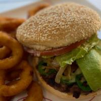 Hamburguesa Mexicana · Hamburger with Monterey Jack cheese, mayo, grilled onions, fresh jalapeño, avocado, lettuce,...
