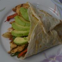 Chicken Fajita · Flour tortilla, seasoned chicken, bell peppers, onions, and choice of guacamole or avocado.