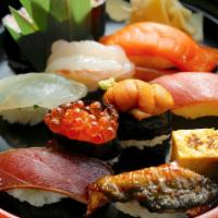 Nigiri (Sushi) · served with miso soup. fatty bluefin, bluefin, salmon, white fish, spot shrimp sea urchin, s...