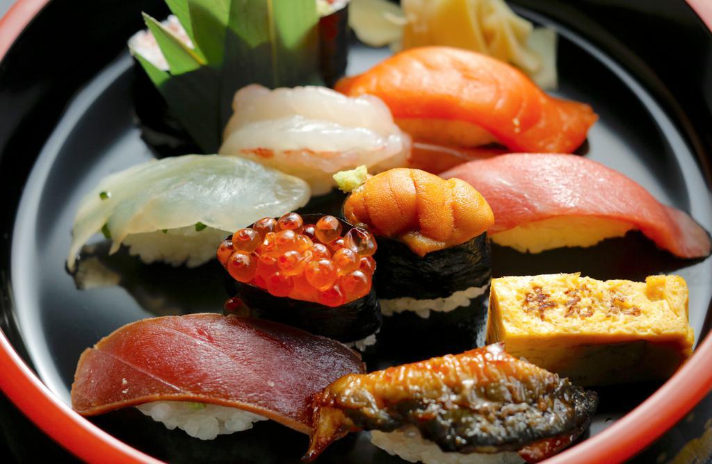 Nigiri (Sushi) · served with miso soup. fatty bluefin, bluefin, salmon, white fish, spot shrimp sea urchin, salmon roe, eel, egg omlette and half roll.