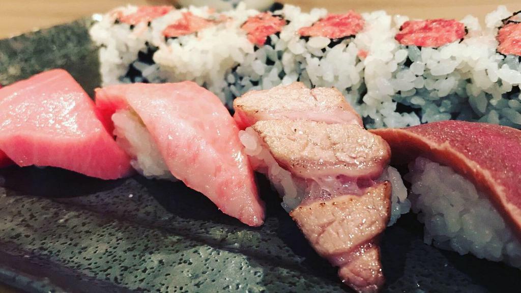 Maguro Special · served with miso soup. BLUEFIN TUNA/TORO SPECIAL (5 sushi & 1 roll) seared fatty tuna, extra fatty tuna, fatty tuna, soy cured tuna and spicy tuna roll.