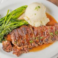 16Oz. Ny Strip · Gluten-Free. Broccoli Rabe, mashed potatoes, peppercorn jus. Served Sliced. Thoroughly Cooki...