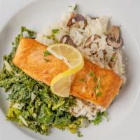 North Atlantic Salmon · Gluten-Free. Mushroom Risotto, asparagus, Dill Lemon Butter. Thoroughly Cooking Meats, Poult...