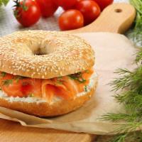 Toasted Bagel With Smoked Salmon, Cream Cheese, And Tomatoes · Customer's choice of Bagel with a side of Smoked Salmon, cream cheese, and tomatoes.