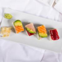 Rainbow Roll · California roll wrapped with assorted fish and avocado.