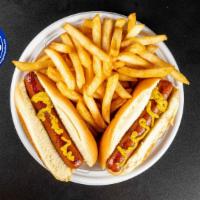 Twin Hot Dog · Includes side salad or French fries and pickles.