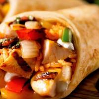 Chicken Fajita Burrito · Our signature burrito served with chicken fajitas, beans, rice, pico de gallo, melted cheese...