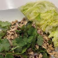 Larb · Your choice of ground meat above with red and green onion, mint leaves, ground roasted rice ...