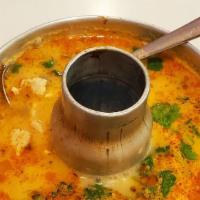 Tom Kha · Thai style coconut soup with your choice of meat, mushroom, kaffir lime leaves, galanga, lem...