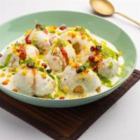 Dahi Bhalla · Fresh lentil dumplings filled cumin seeds and nuts in yogurt sauce with chutneys and chat ma...