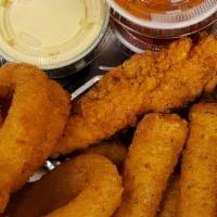 Triple Combo · Mozzarella sticks, onion rings and chicken fingers, served with marinara and honey mustard.