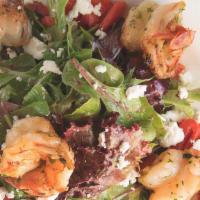 Marinated Grilled Shrimp · Over baby field greens, roasted red peppers & goat cheese.