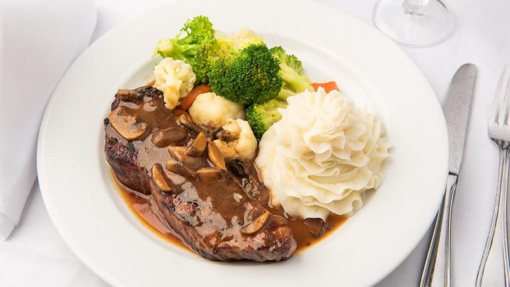Grilled Sirloin Steak · Char-grilled to your liking w/ mashed potatoes, steamed vegetables w/ a bordelaise sauce.